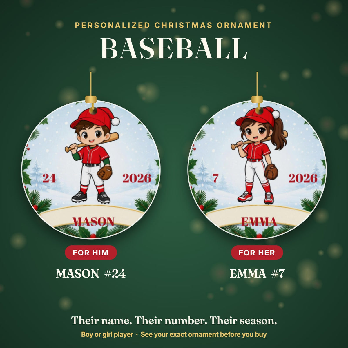 Personalized baseball Christmas ornament for boys and girls: MASON #24 and EMMA #7