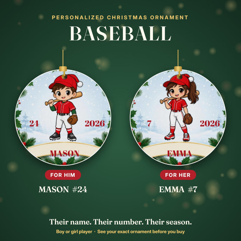 Personalized baseball Christmas ornament for boys and girls: MASON #24 and EMMA #7