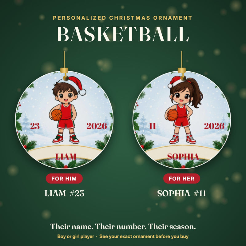 Personalized basketball Christmas ornament for boys and girls: LIAM #23 and SOPHIA #11