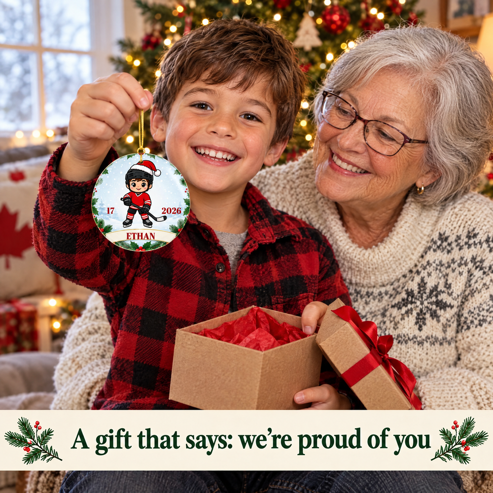 Boy opening his personalized hockey ornament with grandma on Christmas morning
