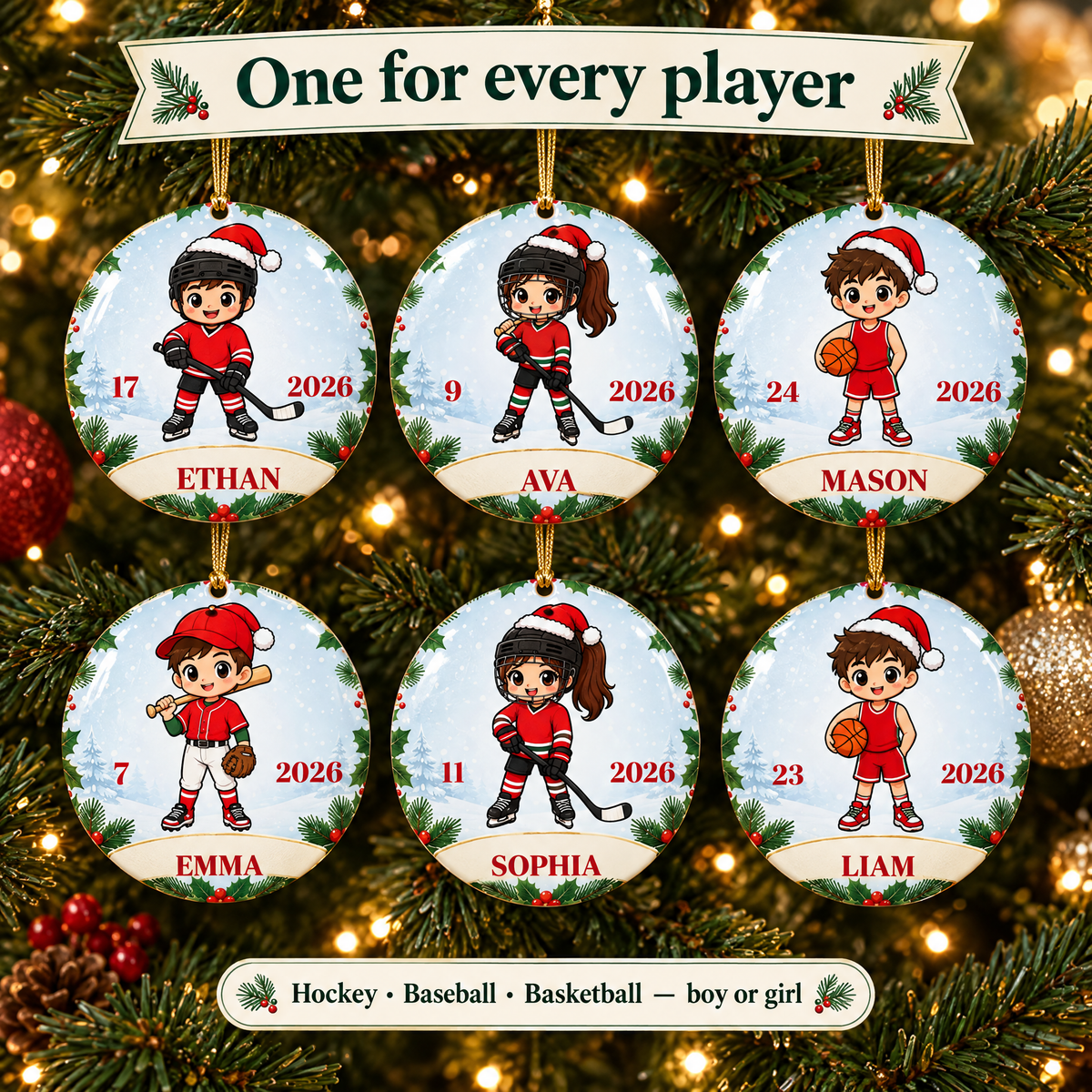 Personalized hockey, baseball and basketball ornaments with kids' names on a Christmas tree