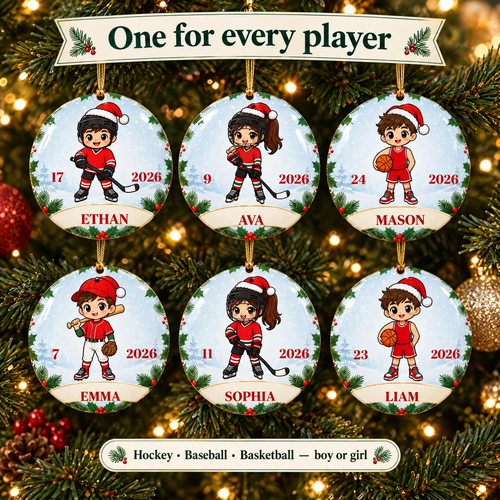 Personalized hockey, baseball and basketball Christmas ornaments for boys and girls with names on a Christmas tree