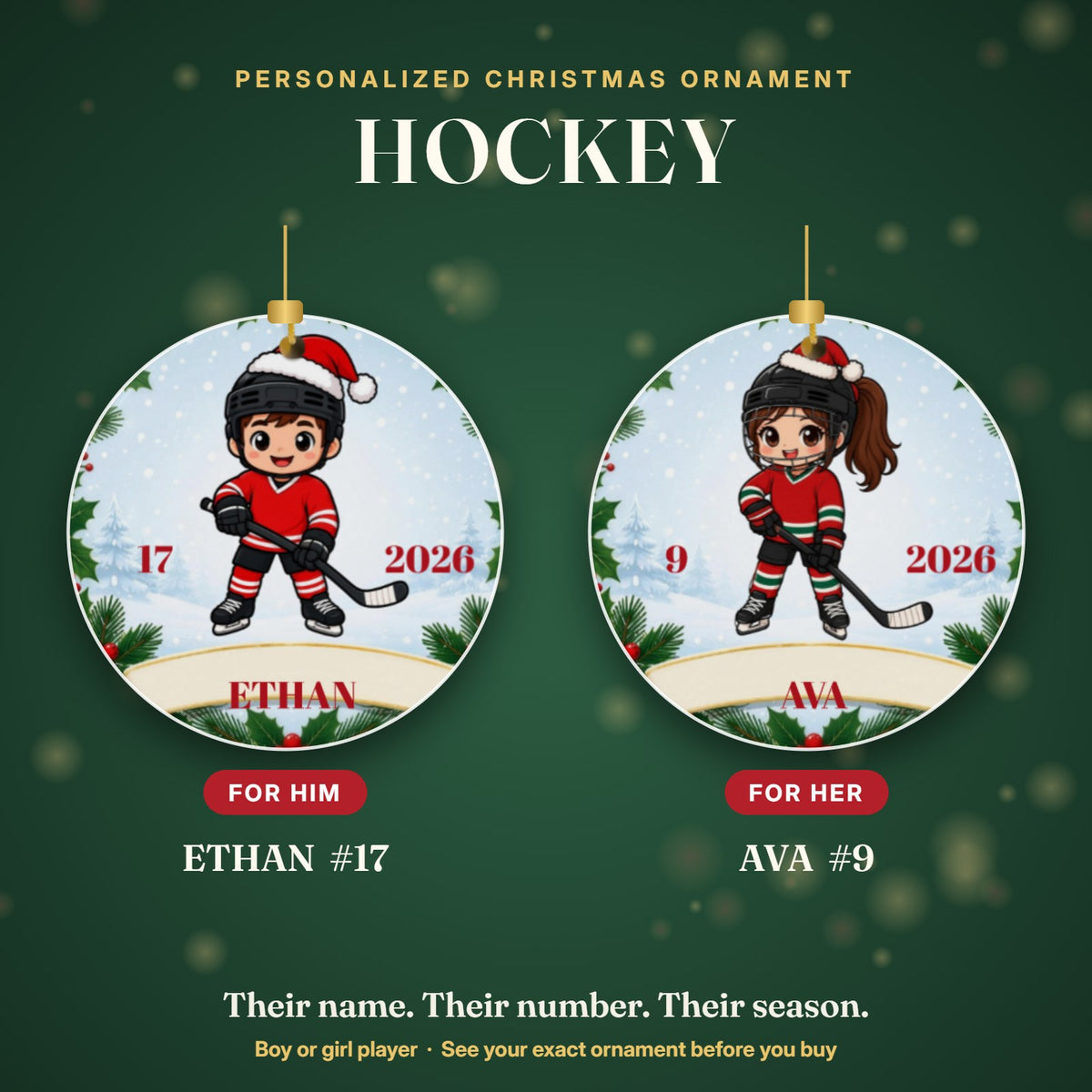 Personalized hockey Christmas ornament for boys and girls: ETHAN #17 and AVA #9