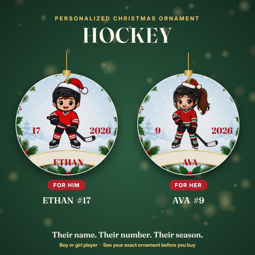 Personalized hockey Christmas ornament for boys and girls: ETHAN #17 and AVA #9
