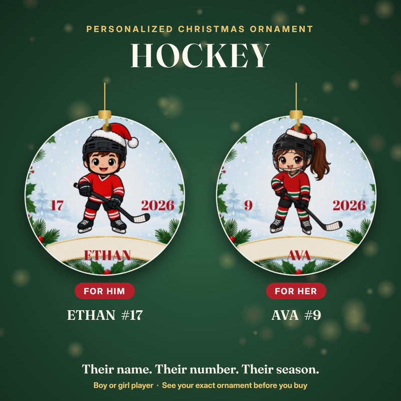 Personalized hockey Christmas ornament for boys and girls: ETHAN #17 and AVA #9